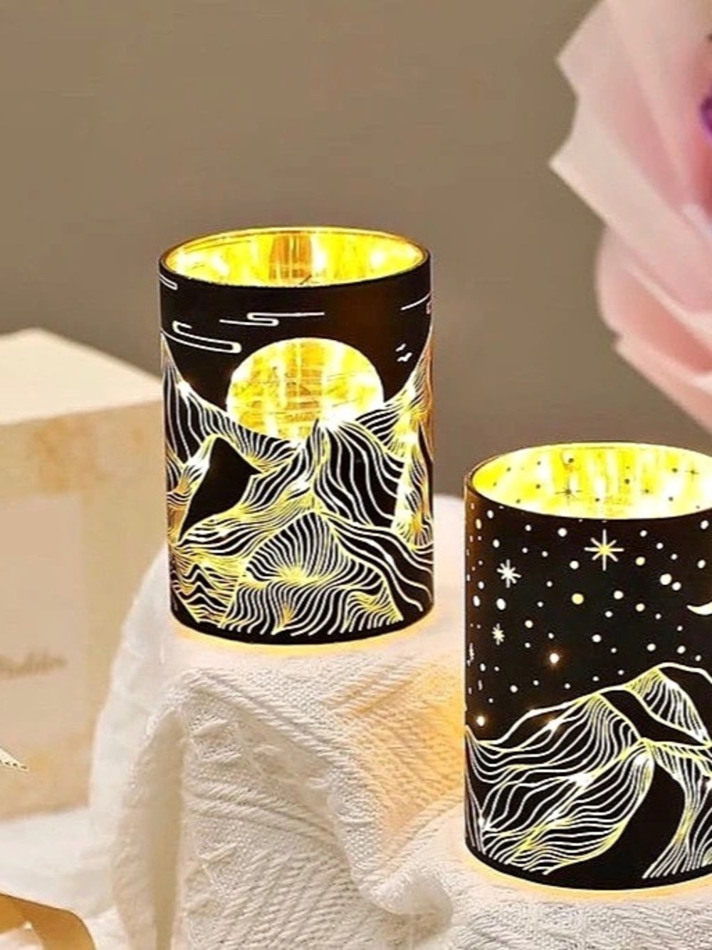 SunGlee LED Light Candle Holder Gift Set in Black & Gold